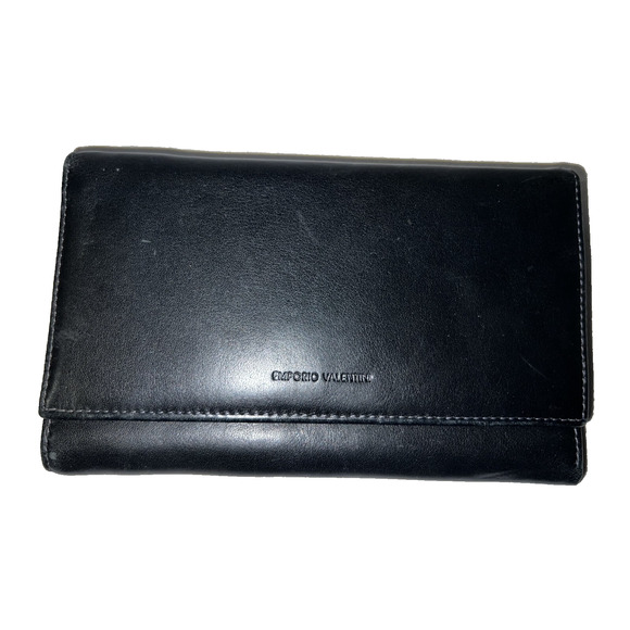 EMPORIO VALENTINI Wallet Solid Black Genuine Leather Tri-fold Snap Organizer - Picture 1 of 7
